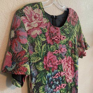 Shimmery Lurex Floral Dress w Decorative Pink Frog Closure Details